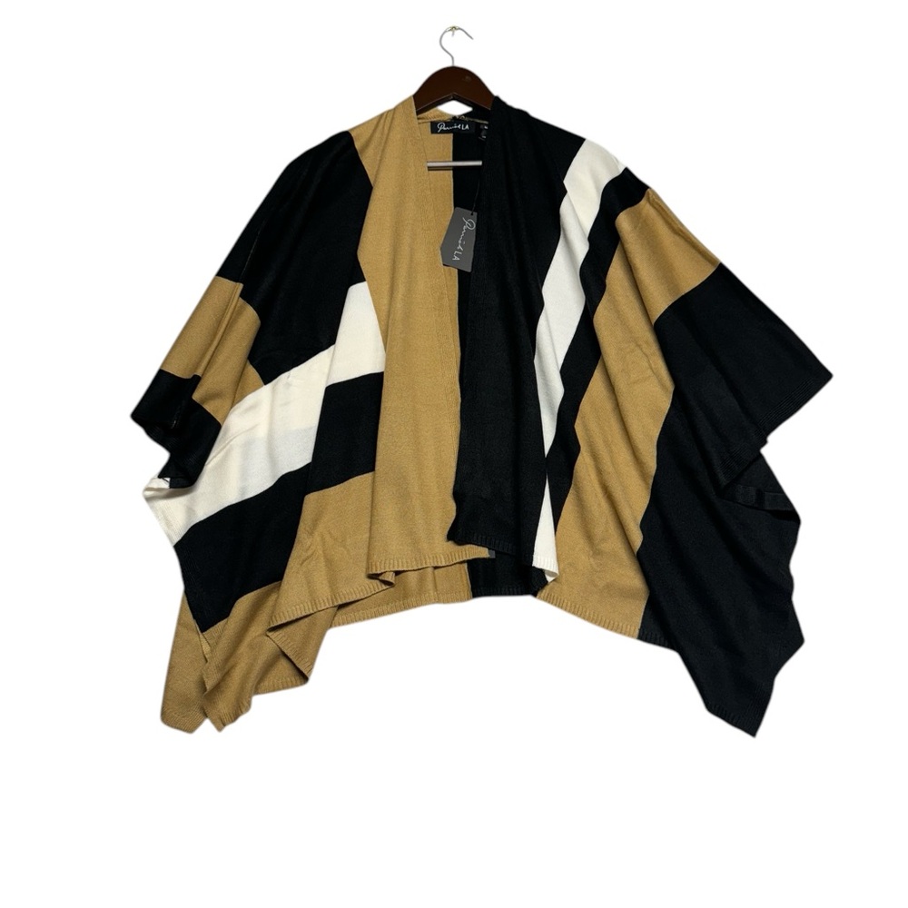 Parrish LA Stevie Poncho Wrap Black Camel Tan White Stripe OS Colorblock Winter - Picture 2 of 10